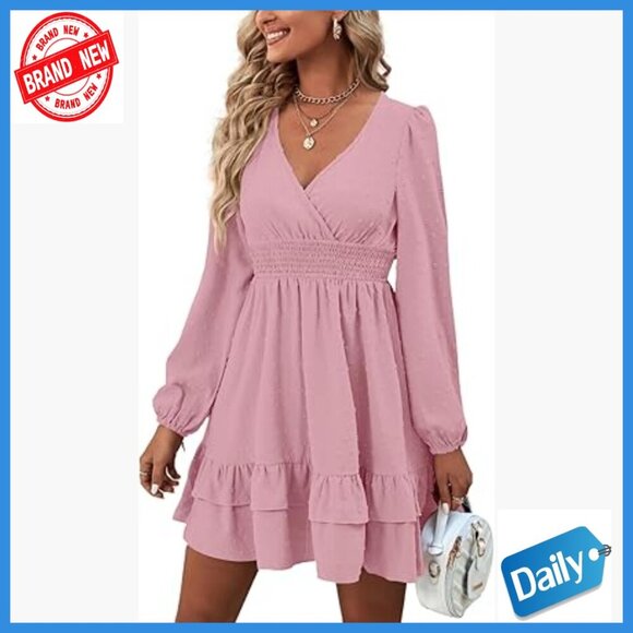 Dresses & Skirts - Wrap V-Neck Swing Ruffle Long Sleeve Mini Dress, Lightweight Polyester